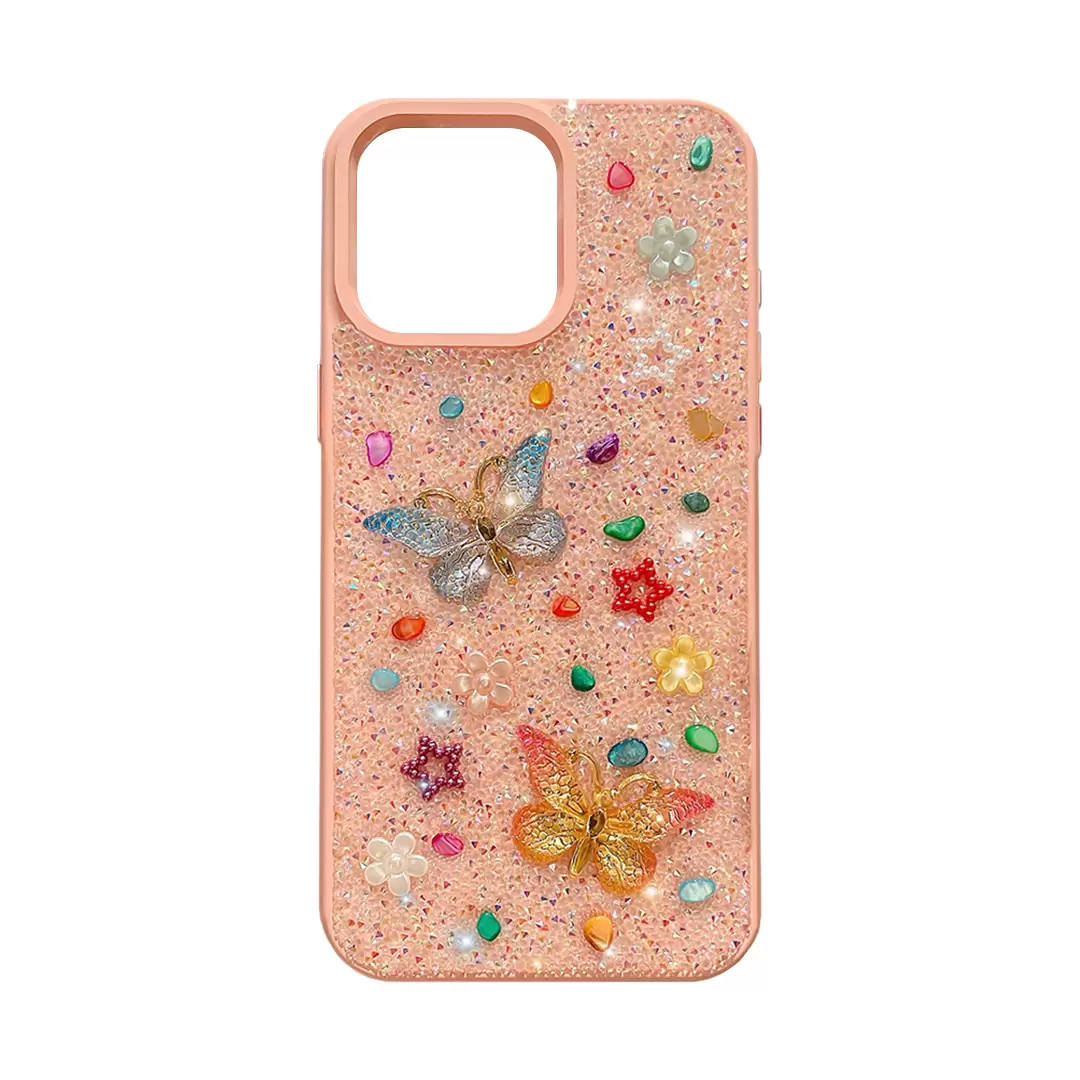 iPhone 15/iPhone 14/iPhone 13 Butterfly and Diamond Bling Case Pink